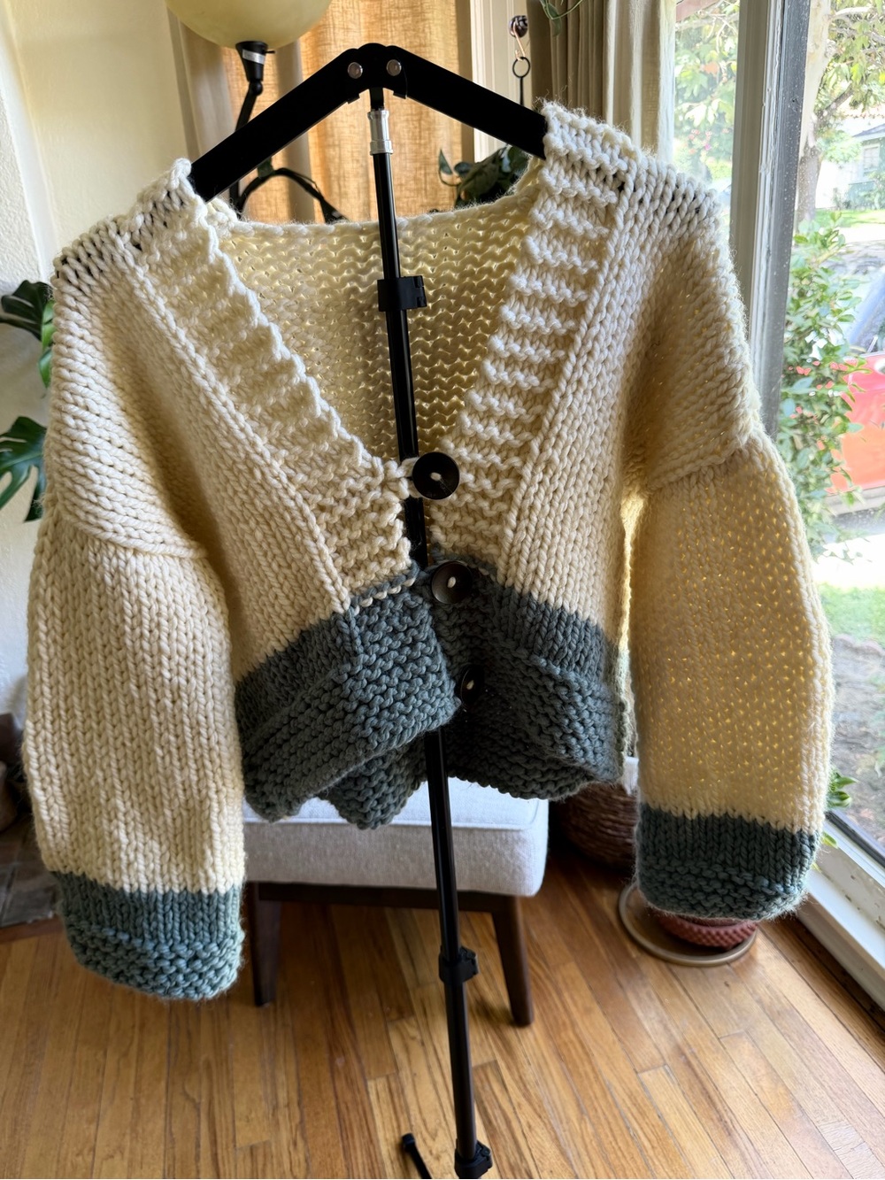 Cream and Forest Green Chunky Knit Button-Front Sweater